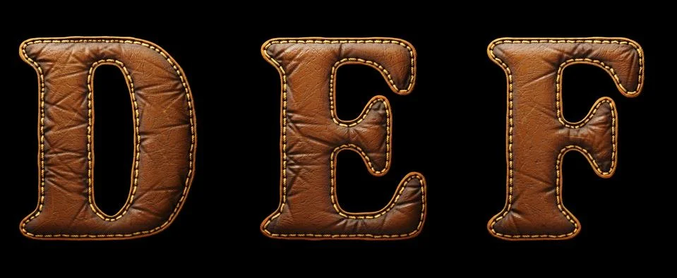 Set of leather letters D, E, F uppercase. 3D render font with skin texture Stock Illustration