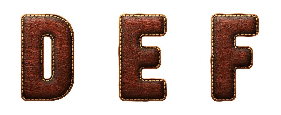 Set of leather letters D, E, F uppercase. 3D render font with skin texture Stock Illustration