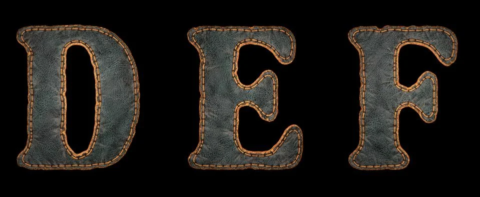 Set of leather letters D, E, F uppercase. 3D render font with skin texture Stock Illustration