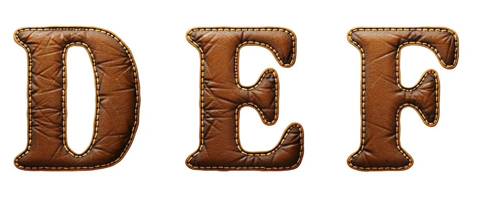 Set of leather letters D, E, F uppercase. 3D render font with skin texture Stock Illustration
