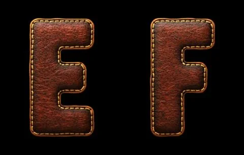 Set of leather letters E, F uppercase. 3D render font with skin texture isolated Stock Illustration