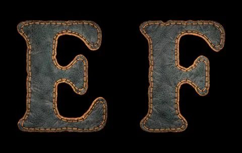 Set of leather letters E, F uppercase. 3D render font with skin texture isolated Stock Illustration