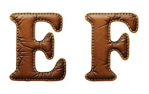 Set of leather letters E, F uppercase. 3D render font with skin texture isolated Stock Illustration