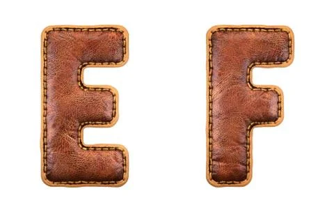 Set of leather letters E, F uppercase. 3D render font with skin texture isolated Stock Illustration