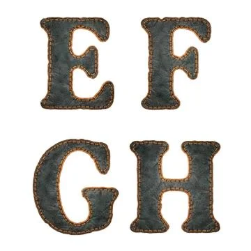 Set of leather letters E, F, G, H uppercase. 3D render font with skin texture Stock Illustration
