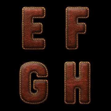 Set of leather letters E, F, G, H uppercase. 3D render font with skin texture Stock Illustration