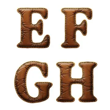 Set of leather letters E, F, G, H uppercase. 3D render font with skin texture Stock Illustration