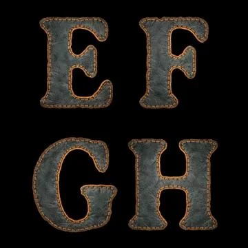 Set of leather letters E, F, G, H uppercase. 3D render font with skin texture Stock Illustration