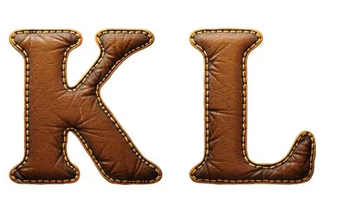Set of leather letters K, L uppercase. 3D render font with skin texture isolated イラスト素材