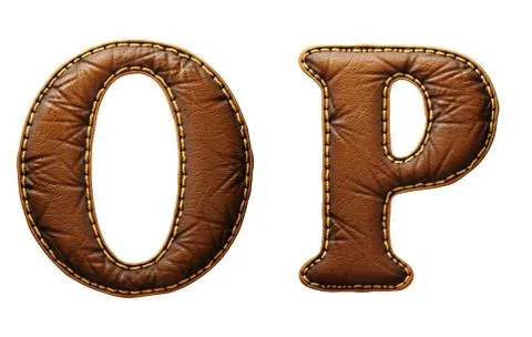 Set of leather letters O, P uppercase. 3D render font with skin texture isolated Stock Illustration