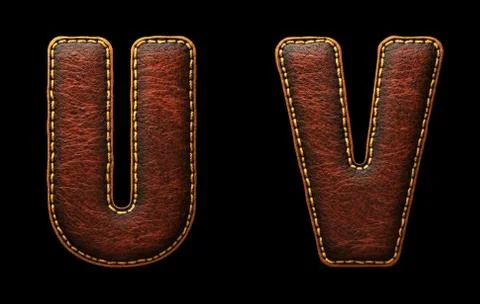 Set of leather letters U, V uppercase. 3D render font with skin texture isolated Stock Illustration