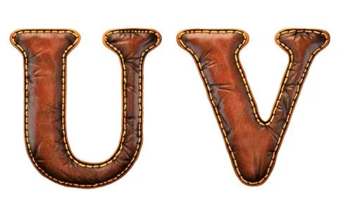 Set of leather letters U, V uppercase. 3D render font with skin texture isolated Stock Illustration