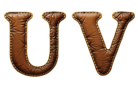 Set of leather letters U, V uppercase. 3D render font with skin texture isolated Stock Illustration