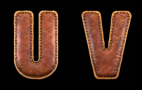 Set of leather letters U, V uppercase. 3D render font with skin texture isolated Stock Illustration