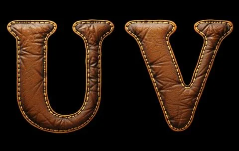Set of leather letters U, V uppercase. 3D render font with skin texture isolated Stock Illustration