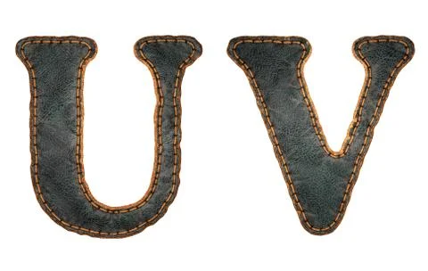 Set of leather letters U, V uppercase. 3D render font with skin texture isolated Stock Illustration