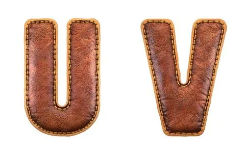 Set of leather letters U, V uppercase. 3D render font with skin texture isolated Stock Illustration
