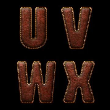 Set of leather letters U, V, W, X uppercase. 3D render font with skin texture Stock Illustration