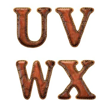 Set of leather letters U, V, W, X uppercase. 3D render font with skin texture Stock Illustration