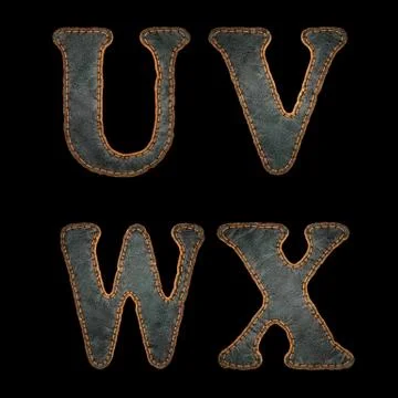 Set of leather letters U, V, W, X uppercase. 3D render font with skin texture Stock Illustration