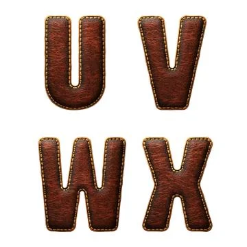 Set of leather letters U, V, W, X uppercase. 3D render font with skin texture Stock Illustration