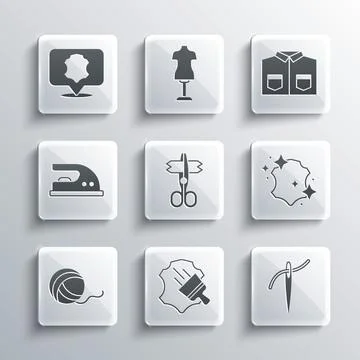 Set Leather, Needle with thread, Scissors, Yarn ball, Electric iron, and Shirt Stock-Illustration