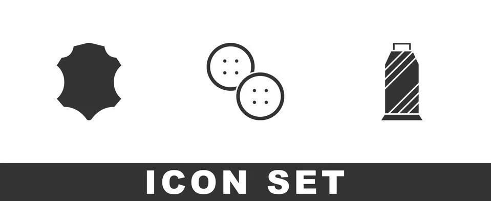 Set Leather, Sewing button and thread spool icon. Vector Illustrazione stock