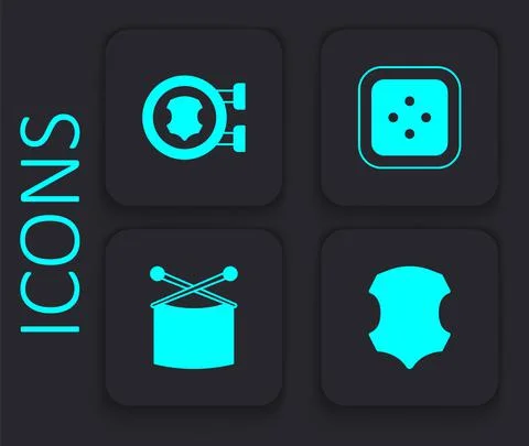 Set Leather, Sewing button for clothes and Knitting needles icon. Black square Illustrazione stock