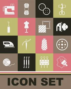 Set Leather, Sewing button, Electric iron, Mannequin, Awl tool, machine and Illustrazione stock