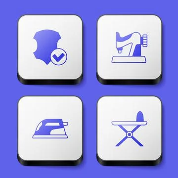 Set Leather, Sewing machine, Electric iron and and ironing board icon. White Stock Illustration
