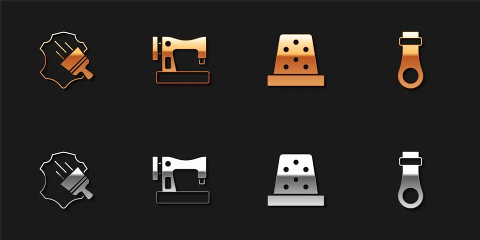 Set Leather, Sewing machine, Thimble for sewing and Zipper icon. Vector Stock Illustration