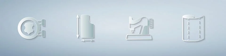 Set Leather, Sewing pattern, machine and Textile fabric roll. Paper art style イラスト素材