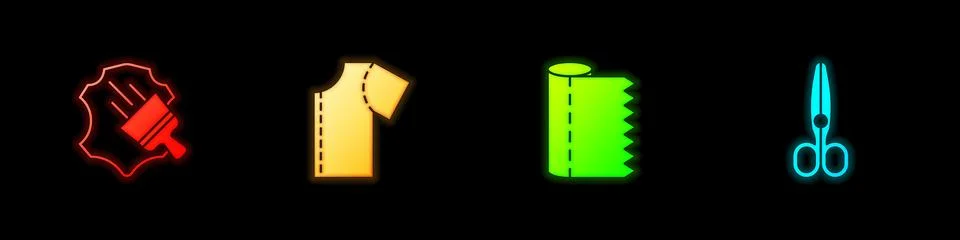 Set Leather, Sewing pattern, Textile fabric roll and Scissors icon. Vector Stock Illustration