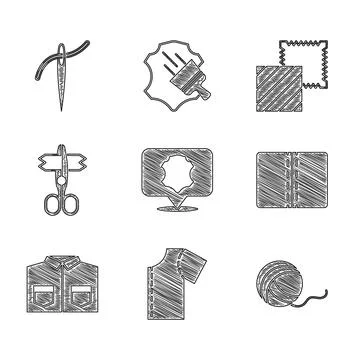 Set Leather, Sewing pattern, Yarn ball, Textile fabric roll, Shirt, Scissors イラスト素材