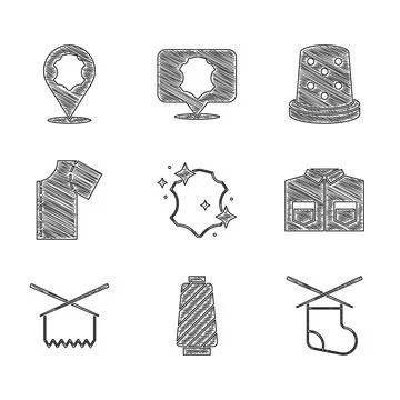 Set Leather, Sewing thread on spool, Knitting needles, Shirt, pattern, Thimble Stock Illustration