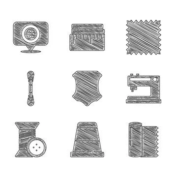Set Leather, Thimble for sewing, Textile fabric roll, Sewing machine, thread and Stock Illustration
