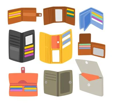 Set of leather wallet set collection, leather cartoon, Elegant brown leathe.. Stock Illustration