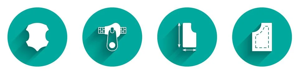 Set Leather, Zipper, Sewing pattern and icon with long shadow. Vector Illustrazione stock