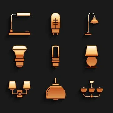 Set LED light bulb, Chandelier, Table lamp, Wall or sconce, Floor and icon Stock Illustration