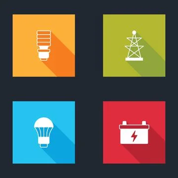 Set LED light bulb, Electric tower, and Car battery icon. Vector Stockillustratie