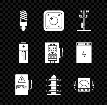 Set LED light bulb, Electric switch, High voltage power pole line, Electric.. Ilustração Stock