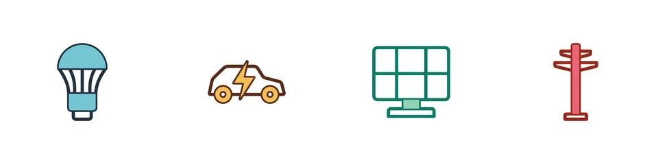 Set LED light bulb, Electric car, Solar energy panel and tower icon. Vector Stock Illustration