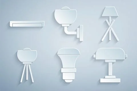 Set LED light bulb, Floor lamp, Table, Wall sconce and Fluorescent icon. Vector Stock Illustration