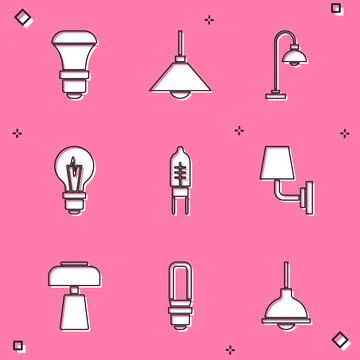 Set LED light bulb, Lamp hanging, Floor lamp, Light, emitting diode, Wall sconce Stock Illustration