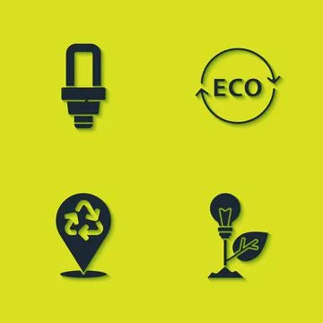 Set LED light bulb, Light with leaf, Recycle and Label for eco healthy food icon Ilustración de archivo
