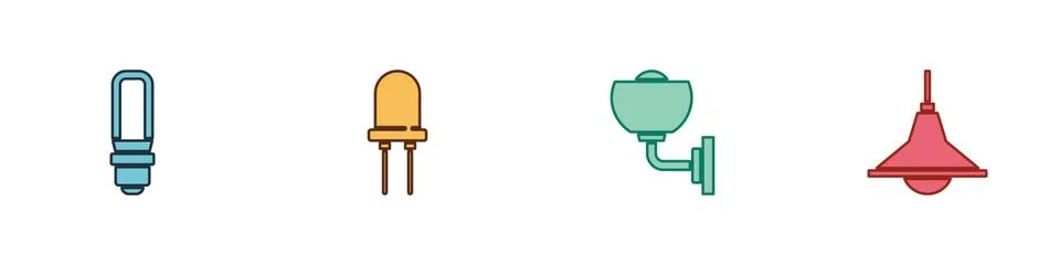 Set LED light bulb, Light emitting diode, Wall lamp or sconce and Chandelier Stock Illustration