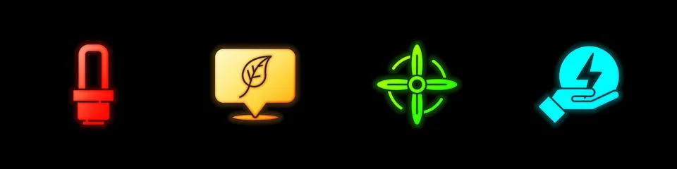 Set LED light bulb, Location with leaf, Wind turbine and Lightning bolt icon Ilustración de archivo