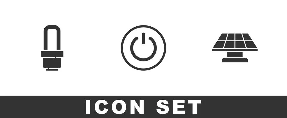 Set LED light bulb, Power button and Solar energy panel icon. Vector Stock Illustration
