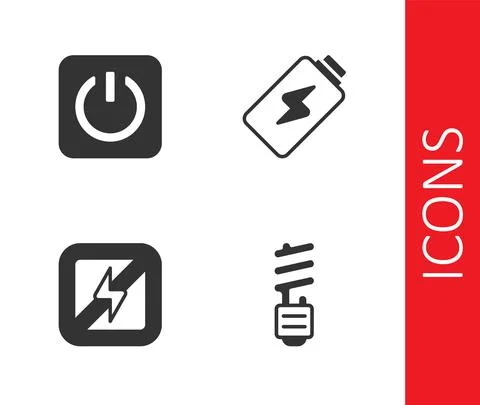 Set LED light bulb, Power button, No lightning and Battery charge icon. Vector Stock Illustration