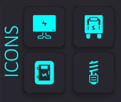 Set LED light bulb, Smart Tv, Electrical panel and icon. Black square button Stock Illustration